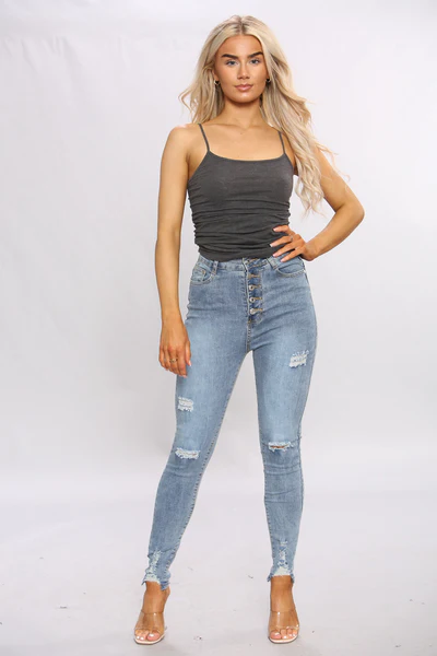 Buttons Denim Ripped Pocket Jeans