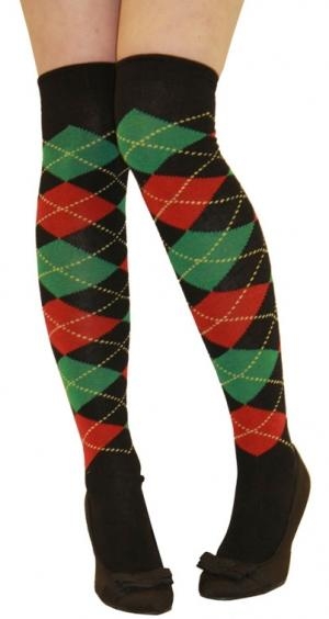 Crazy Chick Black Red and Green Argyle OTK Socks