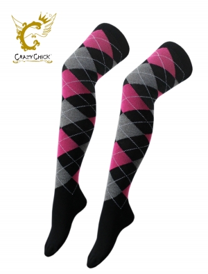 Crazy Chick Black with Pink and Grey Argyle OTK socks