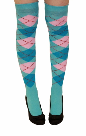 Crazy Chick Turquoise Pink and Blue Argyle OTK Socks (12 Pairs)