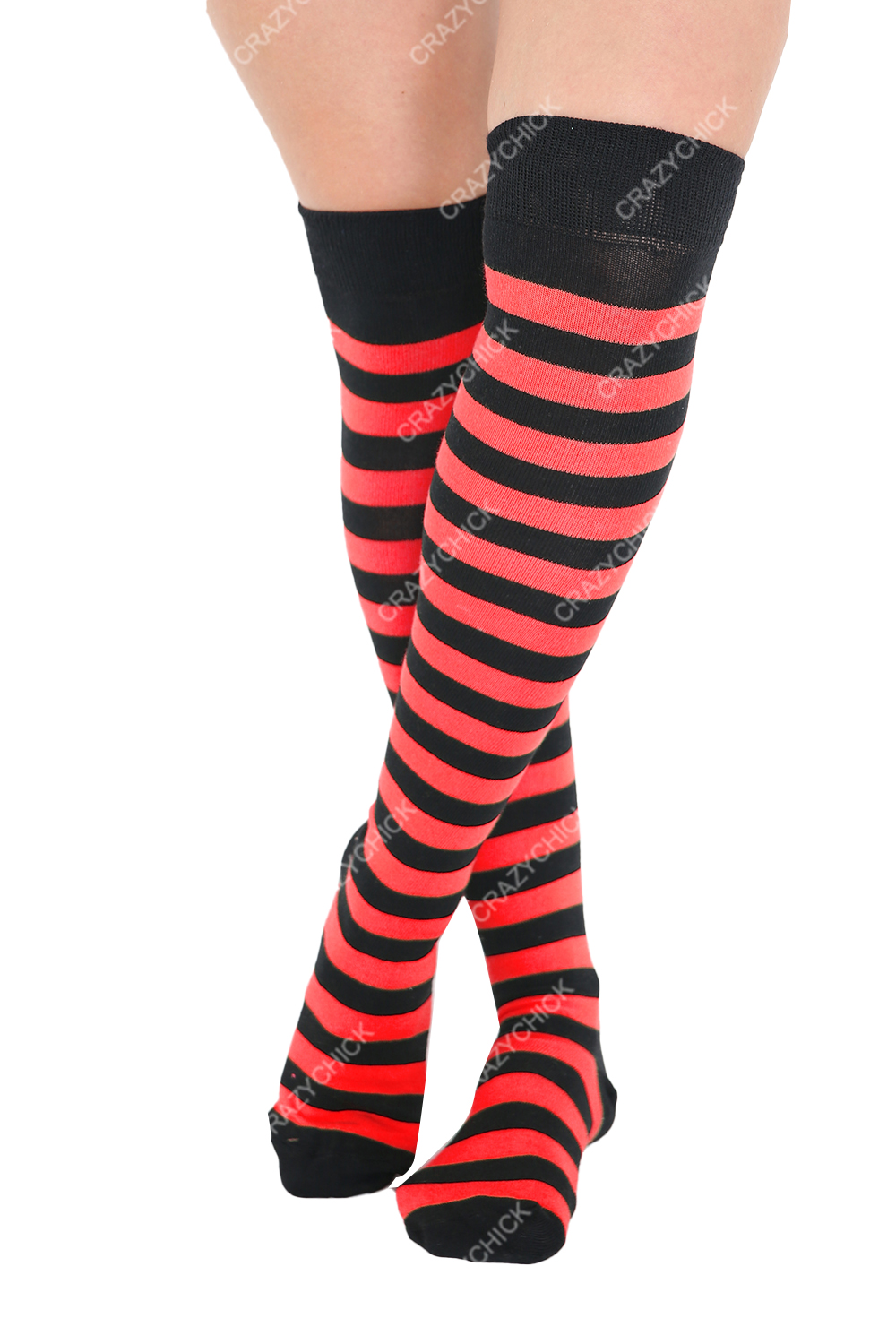 Crazy Chick Black and Red Stripes OTK Socks (12 Pairs)