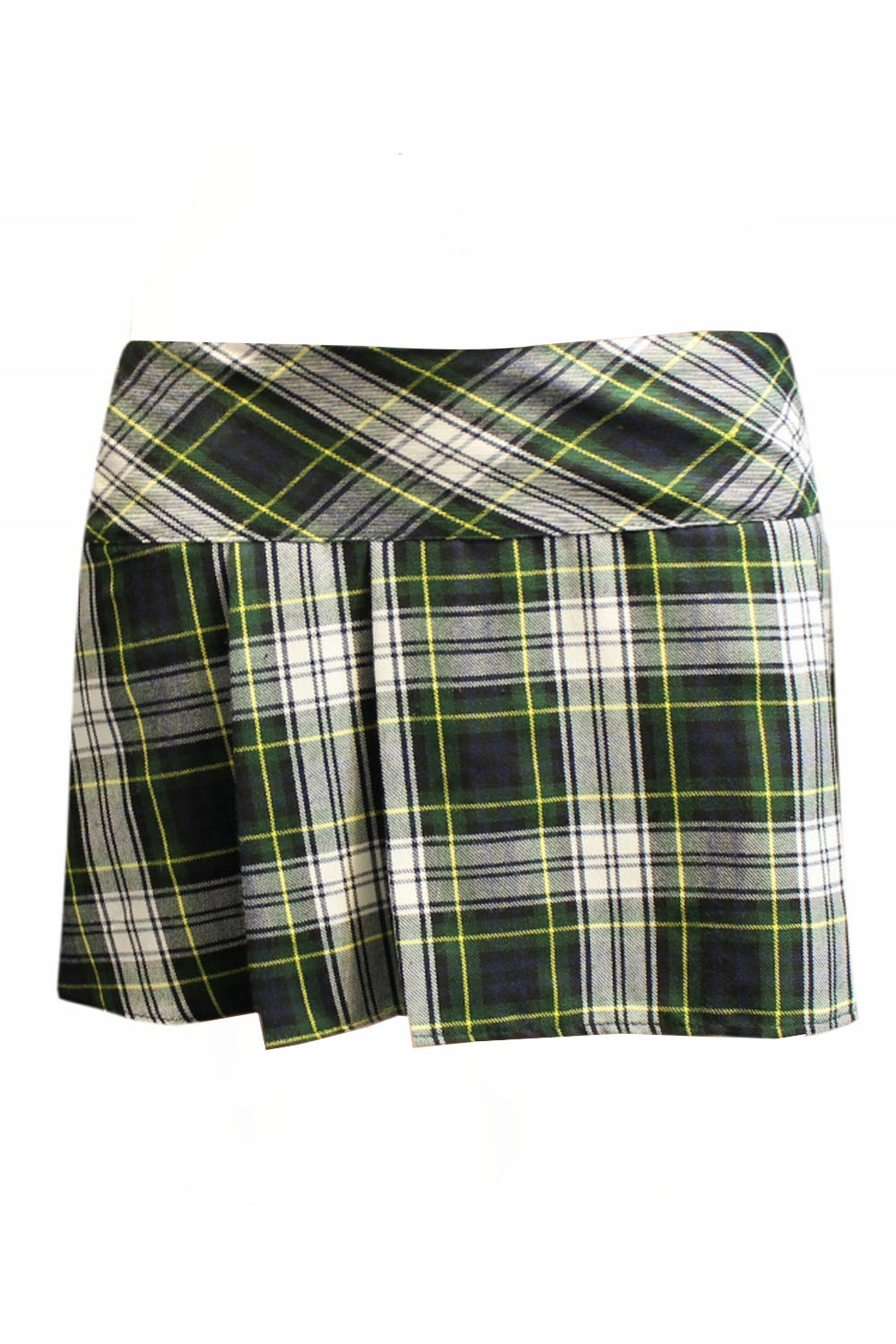 Crazy Chick Adult Box Pleated Green Grey Yellow Tartan Skirt (14 Inches)