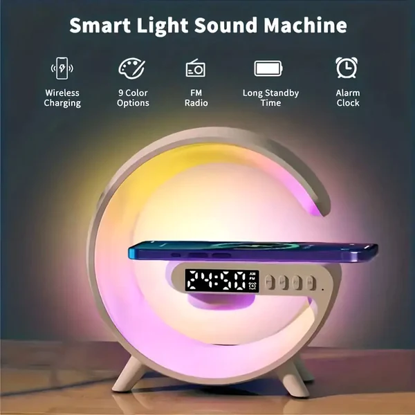 1pc G Shaped Colorful Speaker Light, Audio Clock Alarm Wireless Phone Charger Night Light Desktop Decoration, Creative Night Light Speaker Desktop