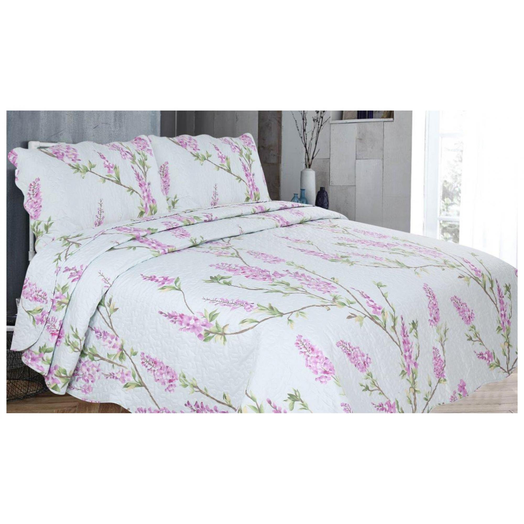 3pc Printed Bed Spread Wisteria Double Purple