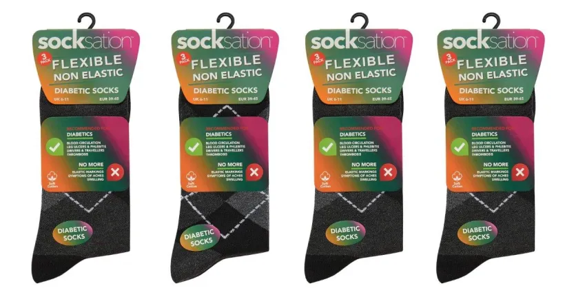 Active Star Flexi Diabetic Argyle Grey Mens Socks (Pack of 3 Pairs)