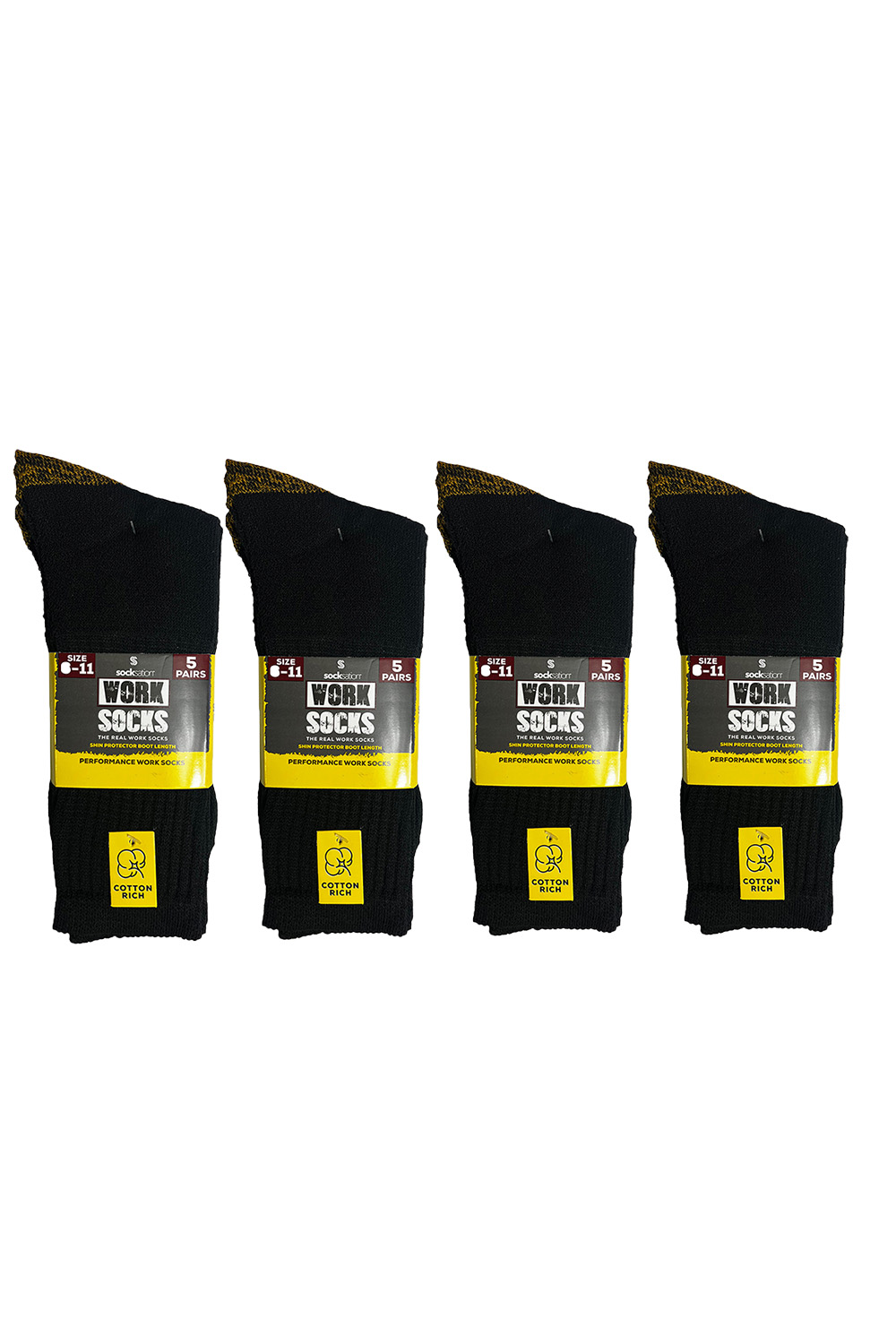 5 Pair Boot Length Work Socks (Yellow Heel & Toe)