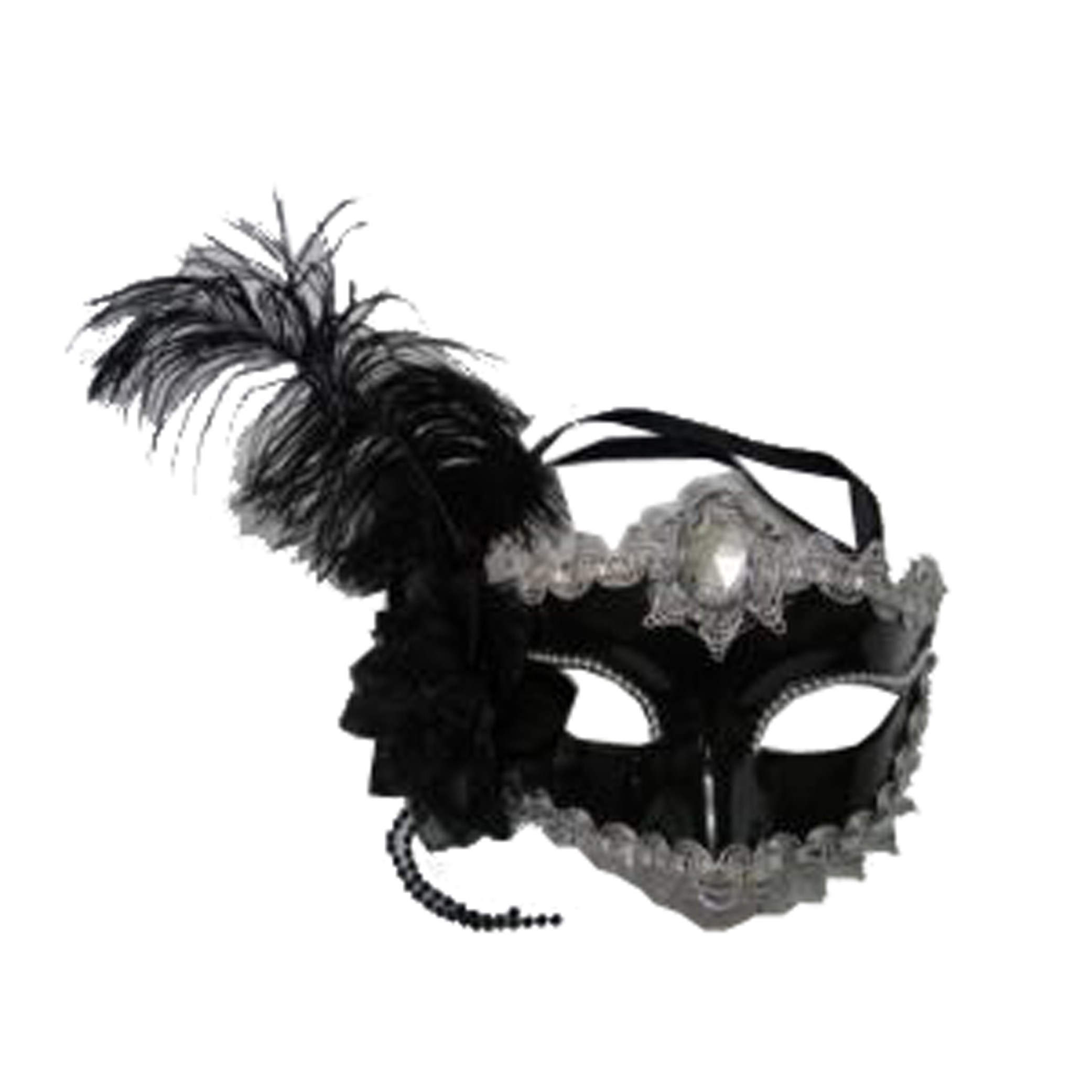 Black Face Mask with Feather and Ribbon