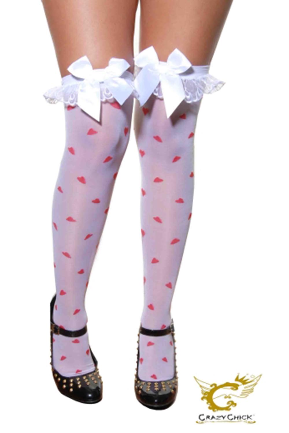 Crazy Chick White Stockings with printed heart and White Bow