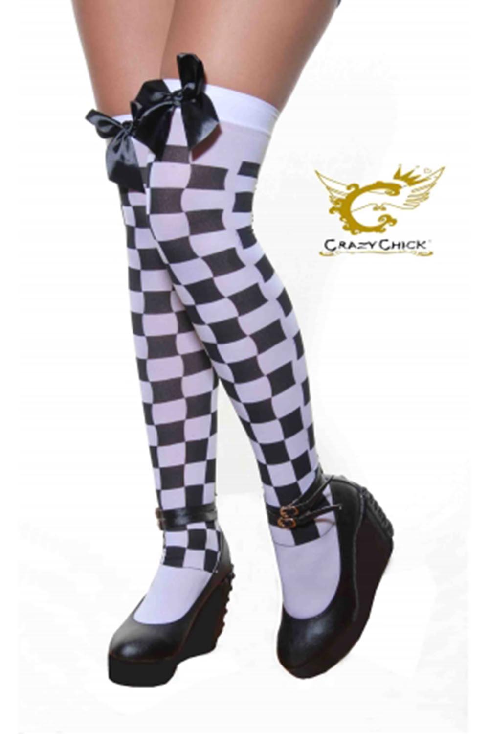 Crazy Chick White and Black Checkered Stockings With Black Bow