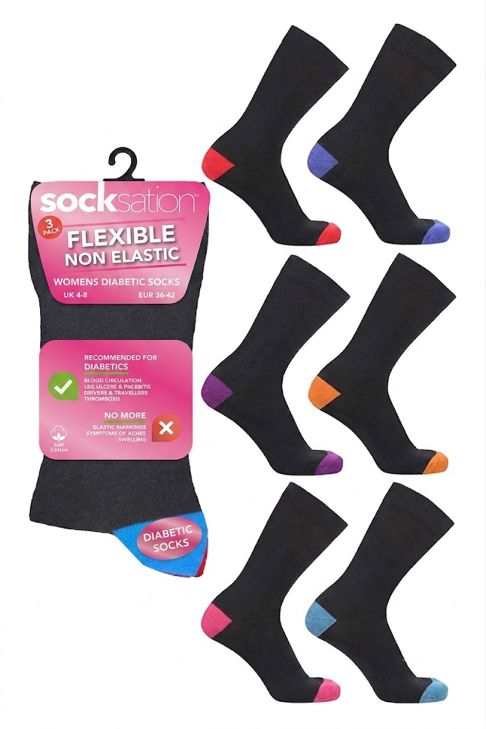 Active Star Ladies Flexi Top Non Elastic Diabetic Socks Colored Heel & Toe (Pack of 3 Pair)