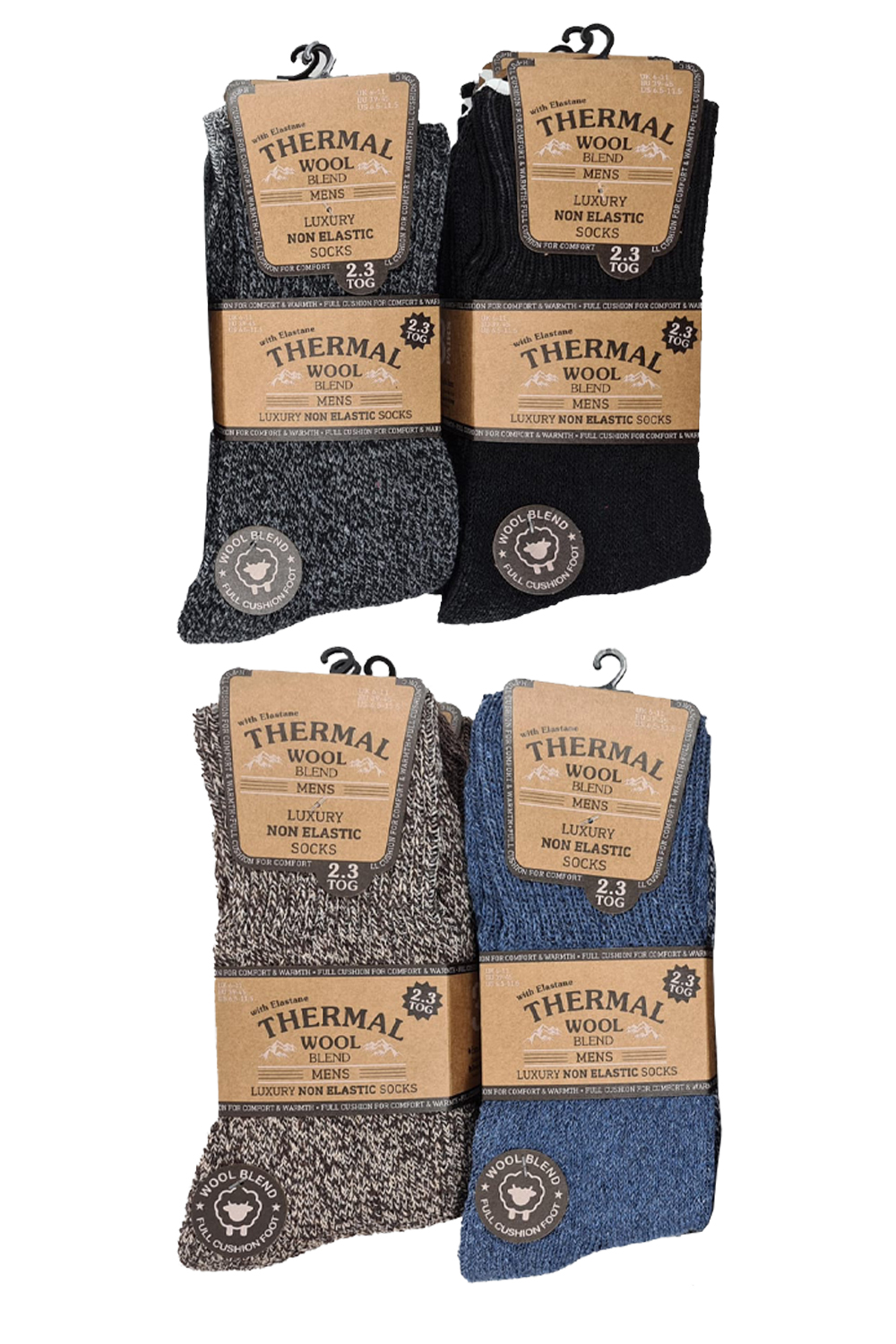 Active Star Men's 3 Pairs Thermal Wool Blend Full Cushion Non Elastic Socks 2.3 Tog