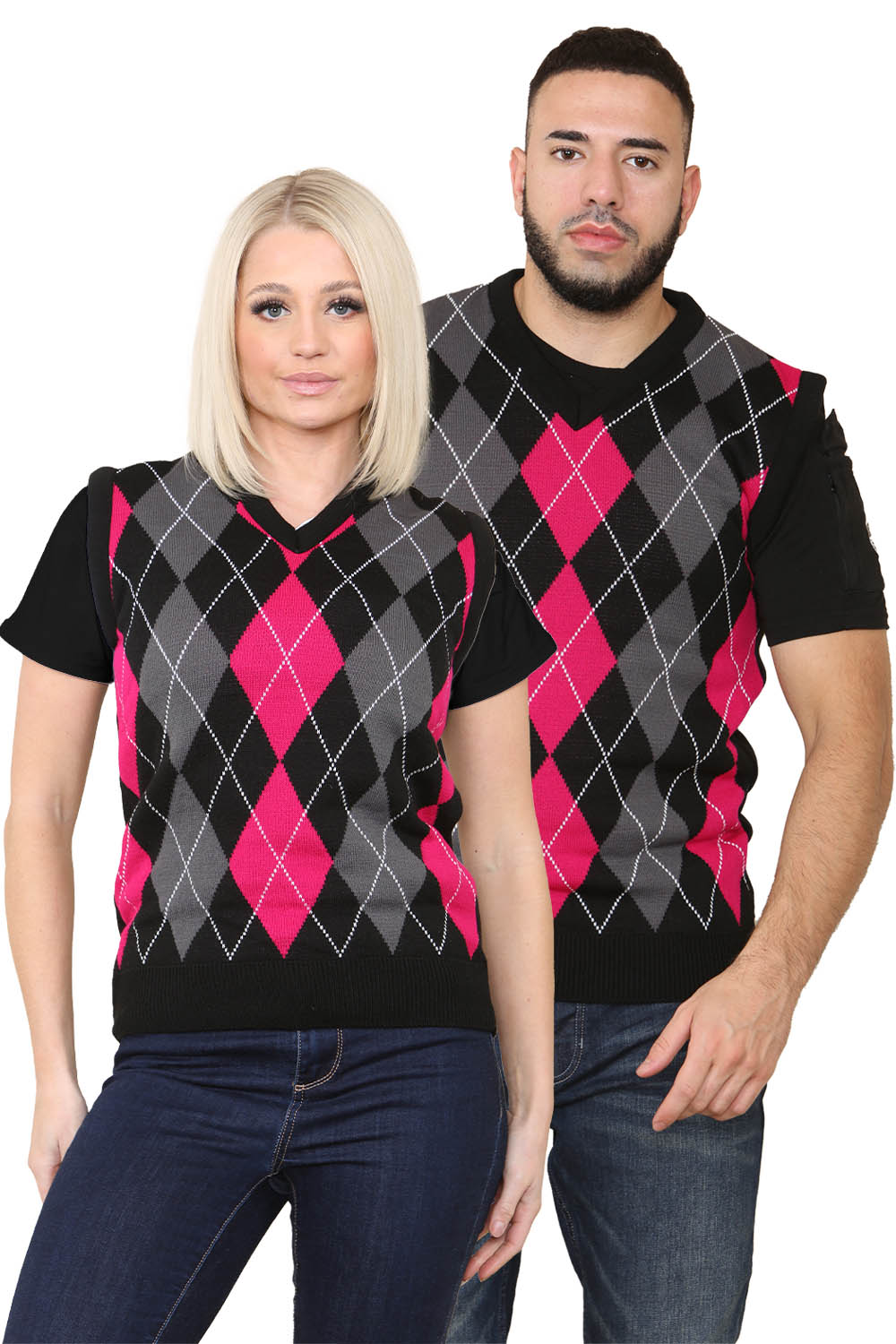 Active Star Unisex Knitted V Neck Sleeveless Argyle Jumper Vest Black/Pink/Grey