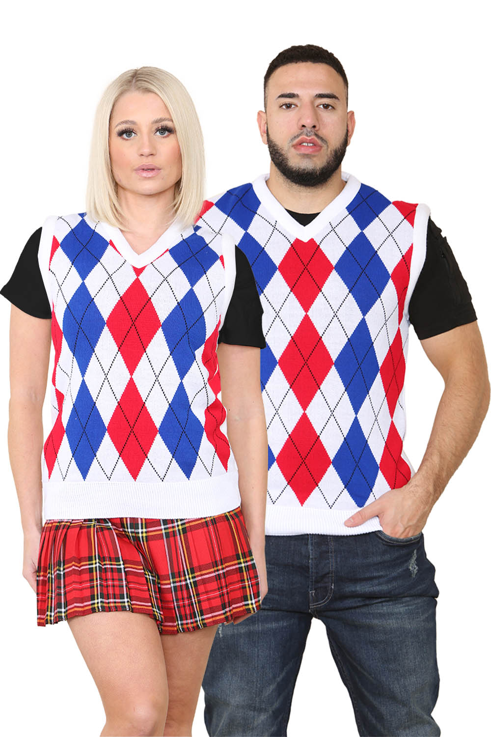 Active Star Unisex Knitted V Neck Sleeveless Argyle Jumper Vest White/Blue/Red