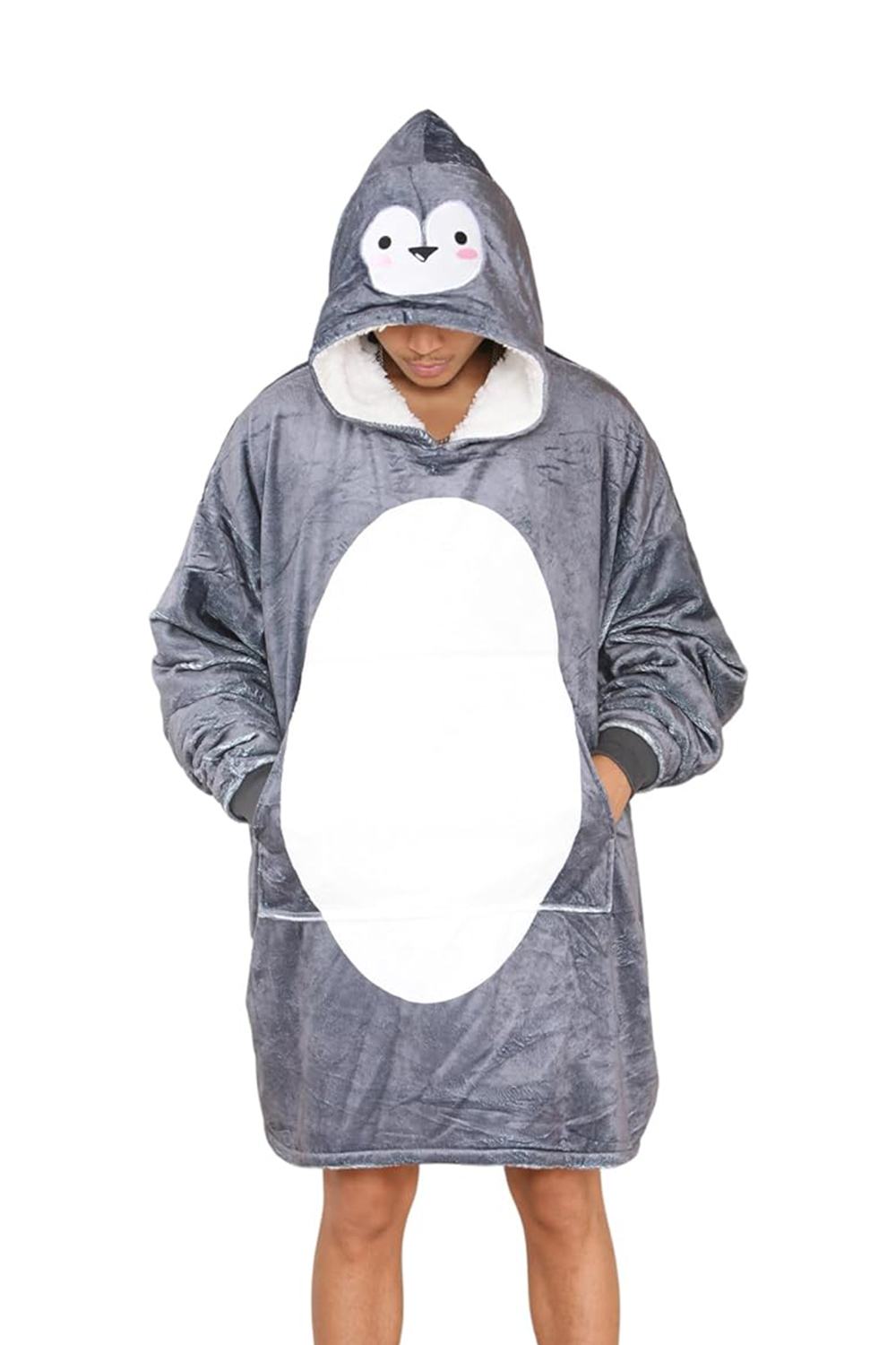 Adult Animal Charcoal Penguin Face Hoodie Blanket