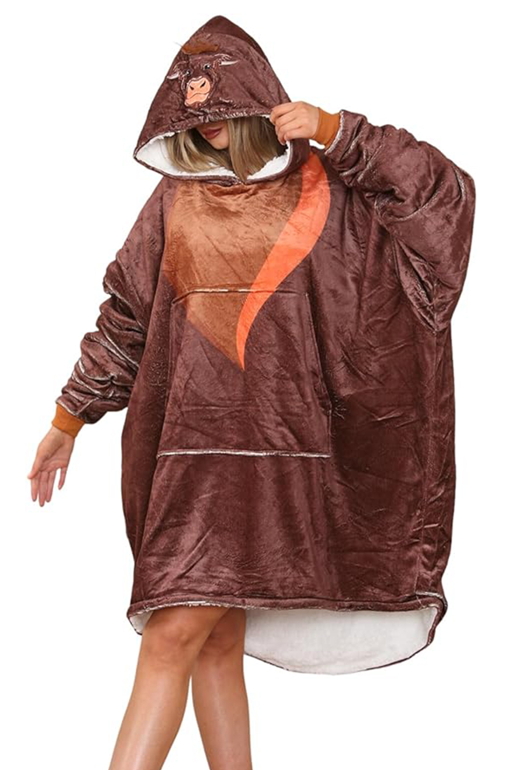 Adult Animal Highland Cow Face Brown Hoodie Blanket