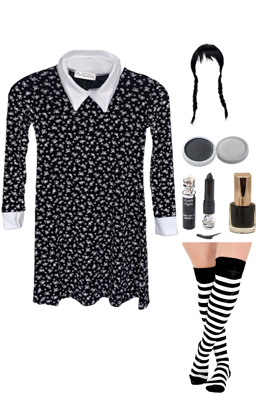 Wickedfun Adult Gothic Girl Printed Costume and Accessory 7 Pcs Set