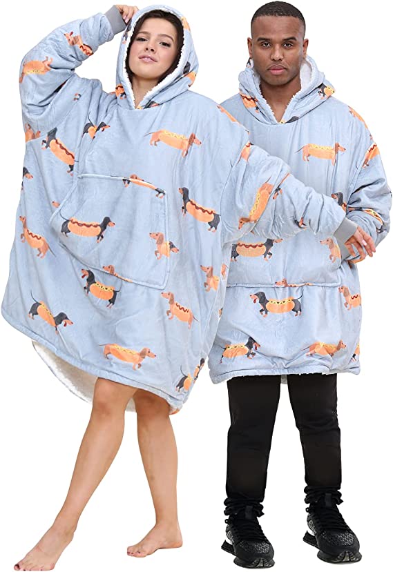 Adult Grey Sausage Dog Print Hoodie Blanket