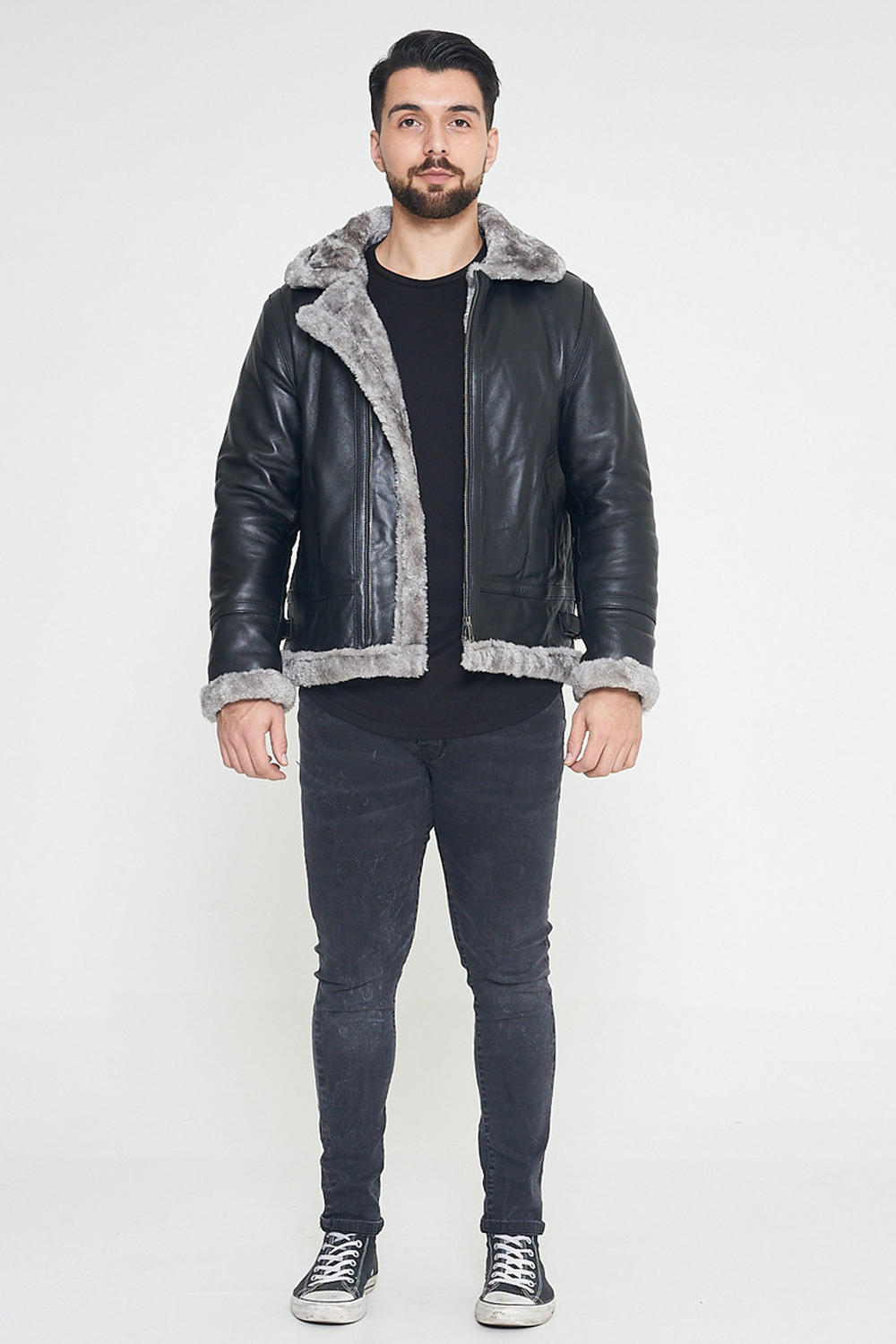 Aviator Black RAF B3 Shearling Grey Fur Leather Jacket