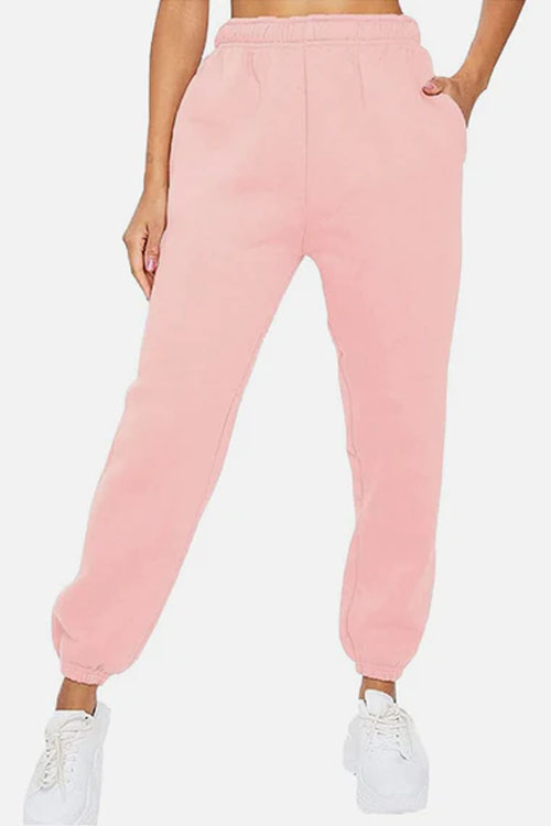 Baby Pink Women Elastic Waist Sweatpants With Pocket