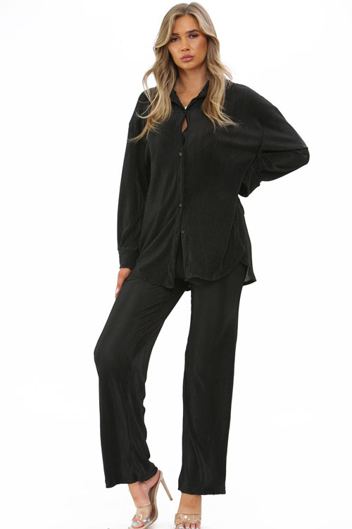 Black Fine Pleated Shirt & Trousers Co-Ord Set