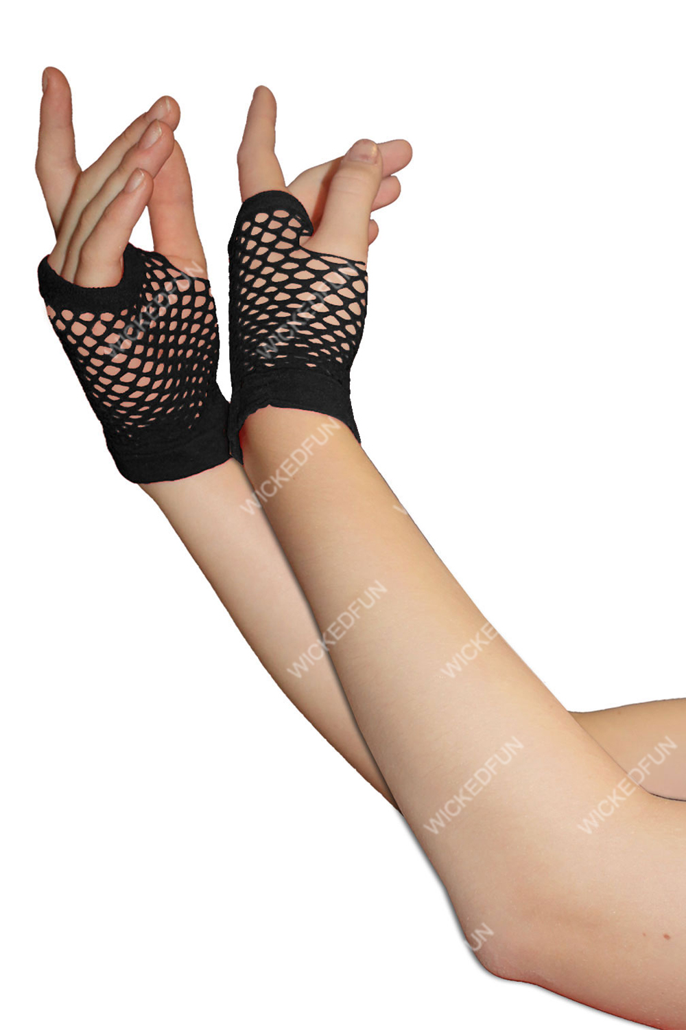 Wickedfun Black Fingerless Short Fishnet Gloves (Pack of 12 pairs)