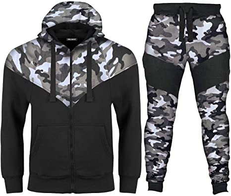 Kids Black Camouflage Print Contrast Panel Tracksuit Set