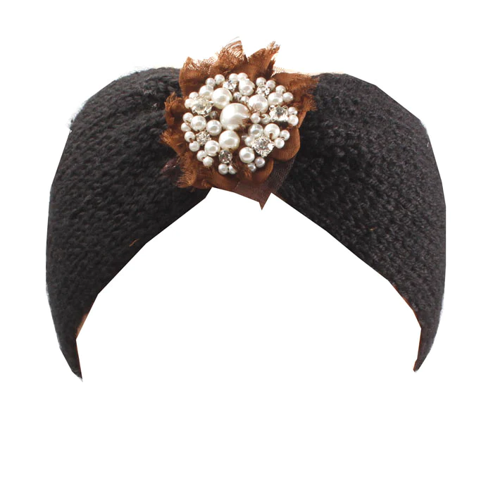 Black Knitted Headband With Pearl and Gem Flower
