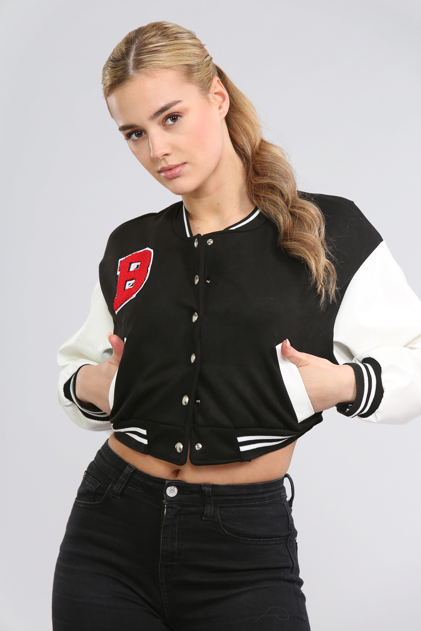 Black Long Sleeved Cropped Varsity Jacket