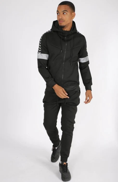 Black Men Plain Side Contrast Panel Zipper Hoodie Tracksuit