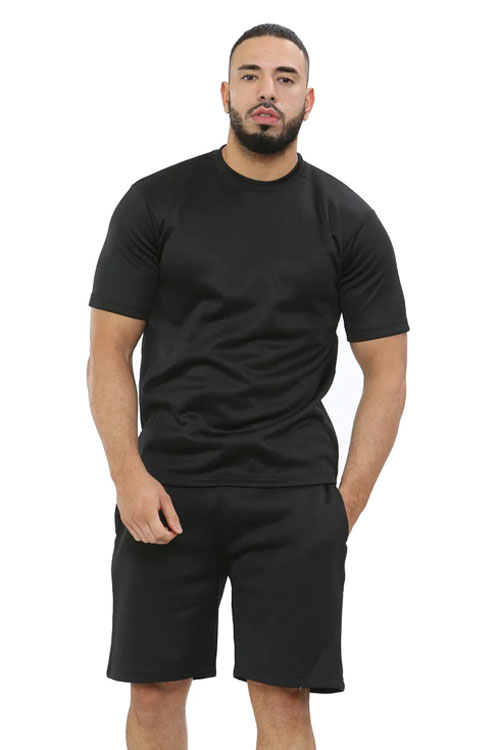 Black Men Polyester Fleece Round Neck Top & Short Set