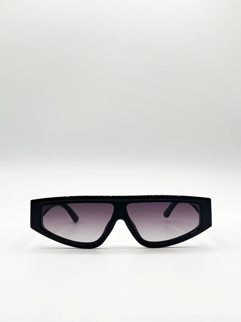 Black Oversized Racer Style Sunglasses with Black Lenses