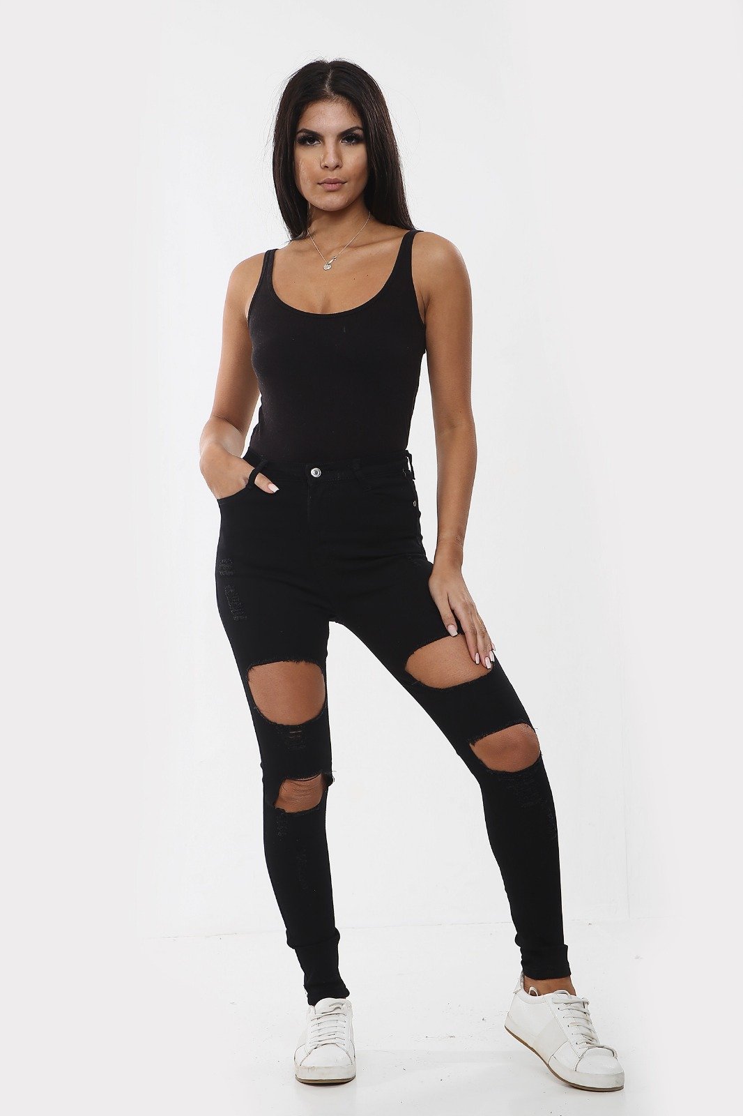 Black Ripped Ladies High Waisted Jeans