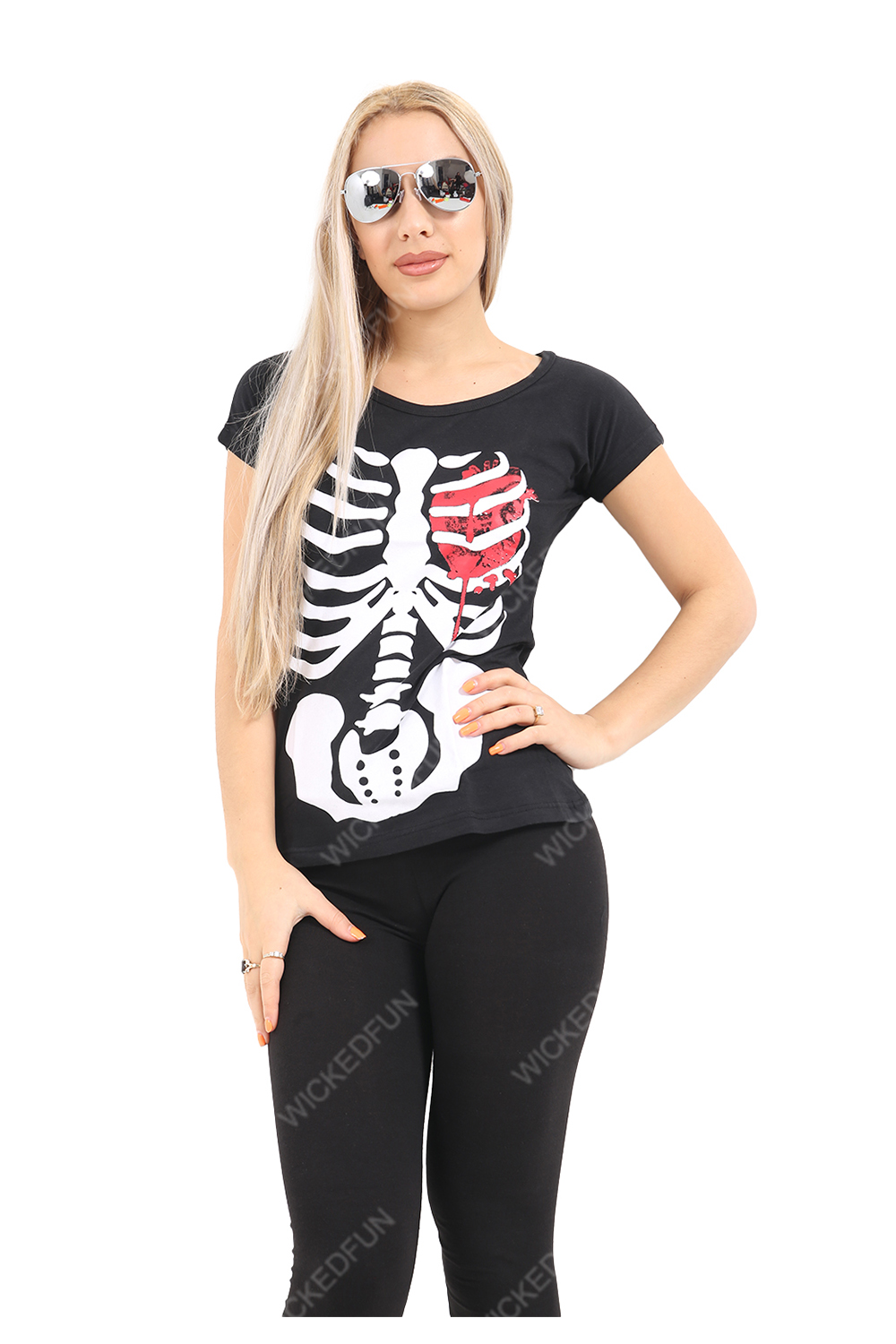 Wickedfun Black Skeleton W Bloody Heart Printed T-Shirt