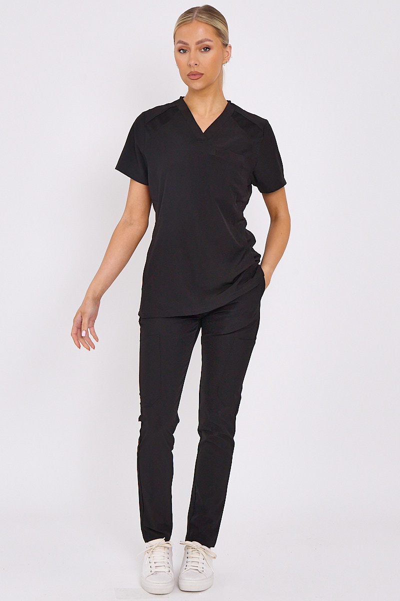  Women Black Medical Scrub Set Uniform With Pockets