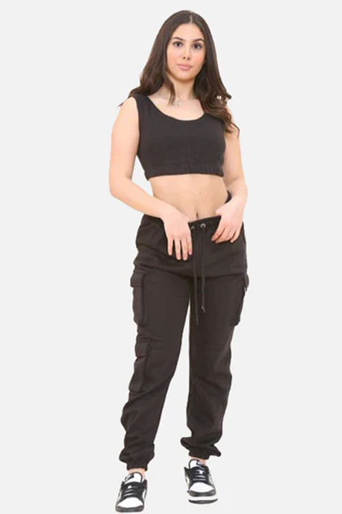 Black Women Cargo Bottom and Ribbed Crop Top Set