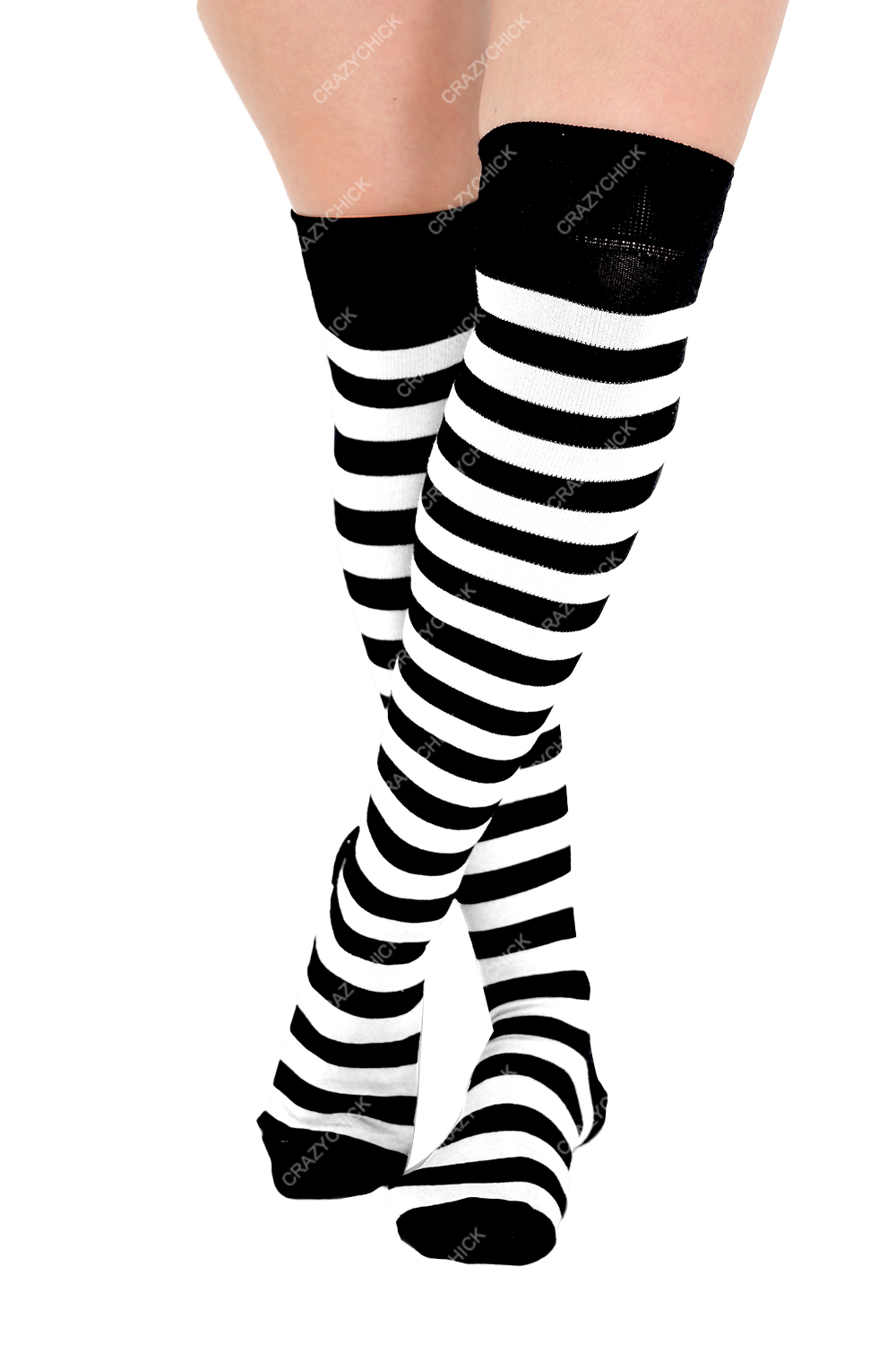 Crazy Chick Black and White Stripe OTK Socks (12 Pairs)
