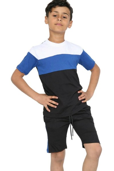 Kids Blue/Black Contrast Panel 2 Pieces Shirt & Short Set
