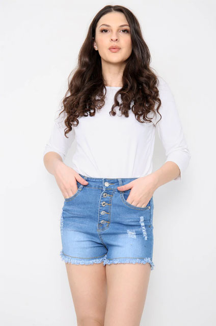 Blue Buttons Distressed High Waisted Denim Shorts