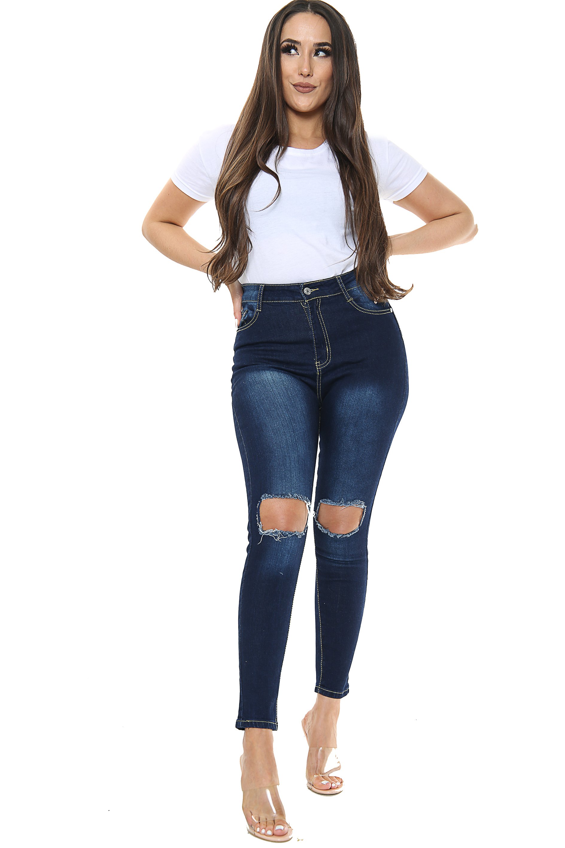 Blue Denim Skinny Jeans High Waisted Fit With Ripped Front Details