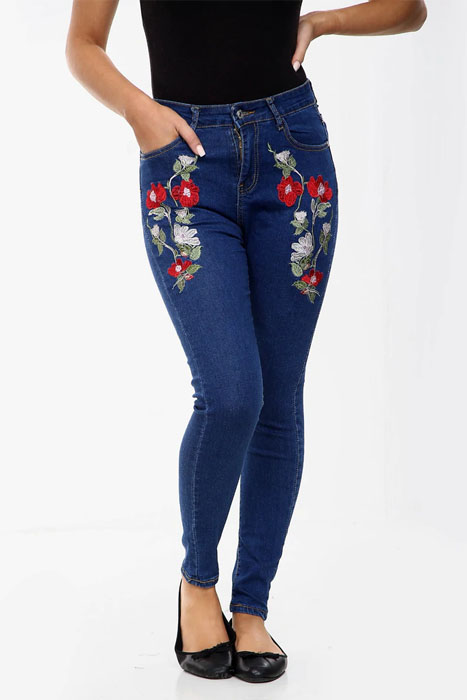 Blue Floral Ladies High Waisted Jeans