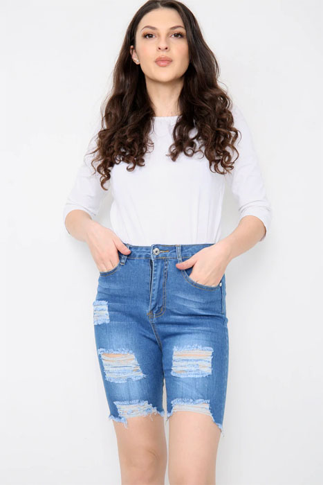 Blue High Waisted Long Denim Shorts