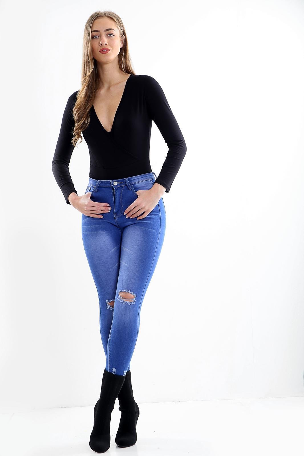 Blue Ladies High waisted knee cut jeans