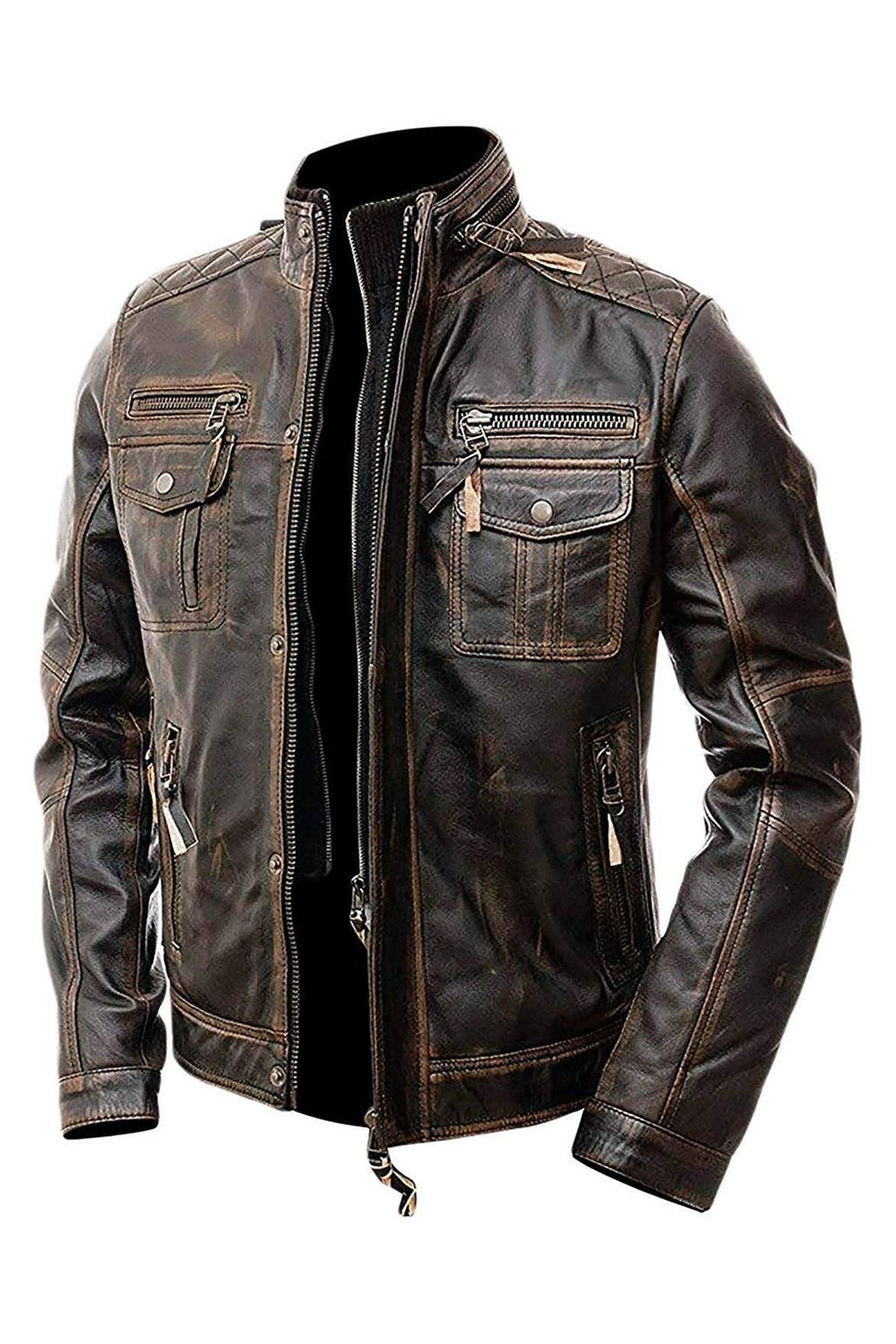 Cafe Racer Distressed Biker Leather Jacket Brown