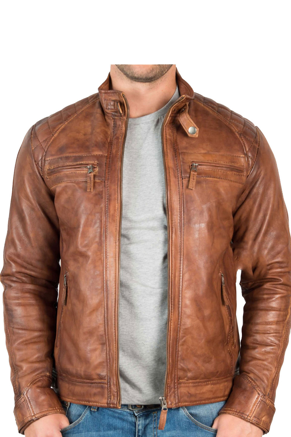 Cafe Racer Quilted Genuine Leather Jacket Brown