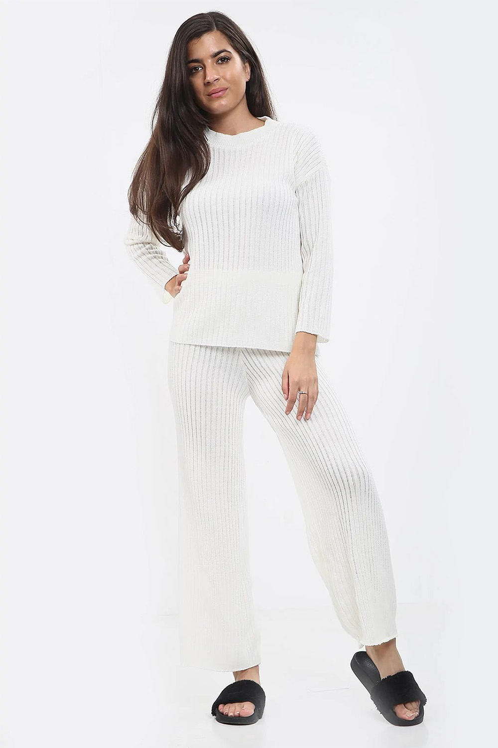 Casual Comfort Ladies Round Neck Rib Knit Lounge Tracksuit Set Cream