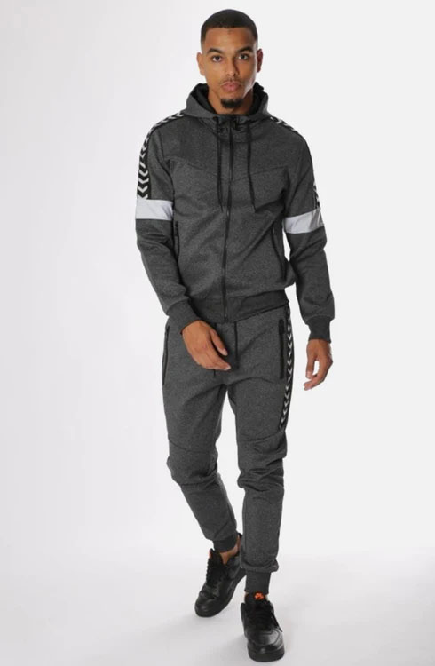 Charcoal Men Plain Side Contrast Panel Zipper Hoodie Tracksuit