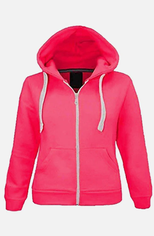 Child Plain Neon Pink Zipper Fleece Hoodie