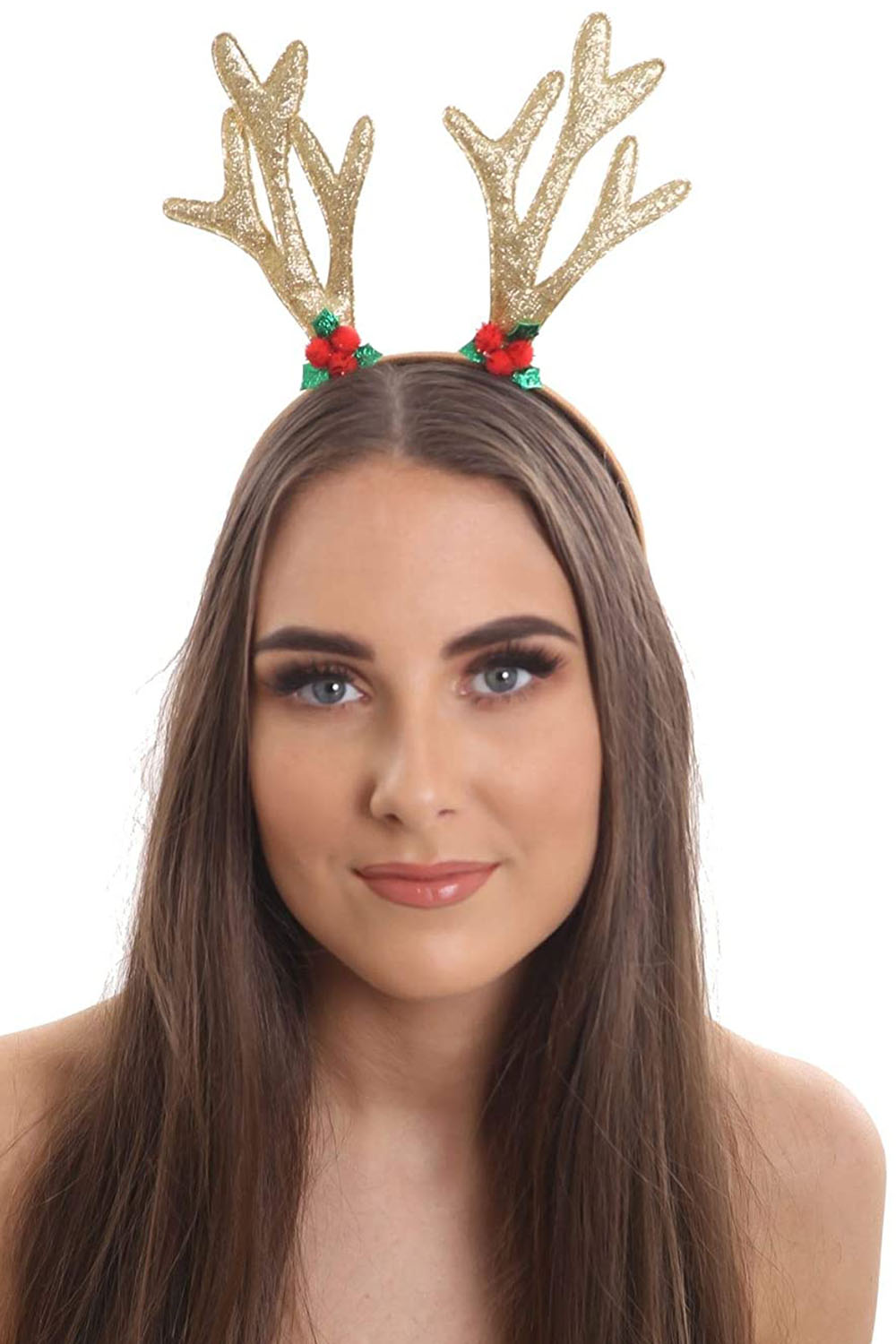Wickedfun Christmas gold glitter reindeer antlers with holly motif