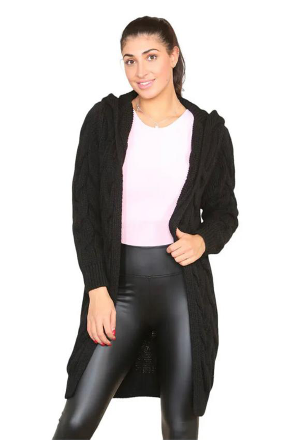 Chunky Knit Comfort Oversized Hooded Cable Cardigan Black