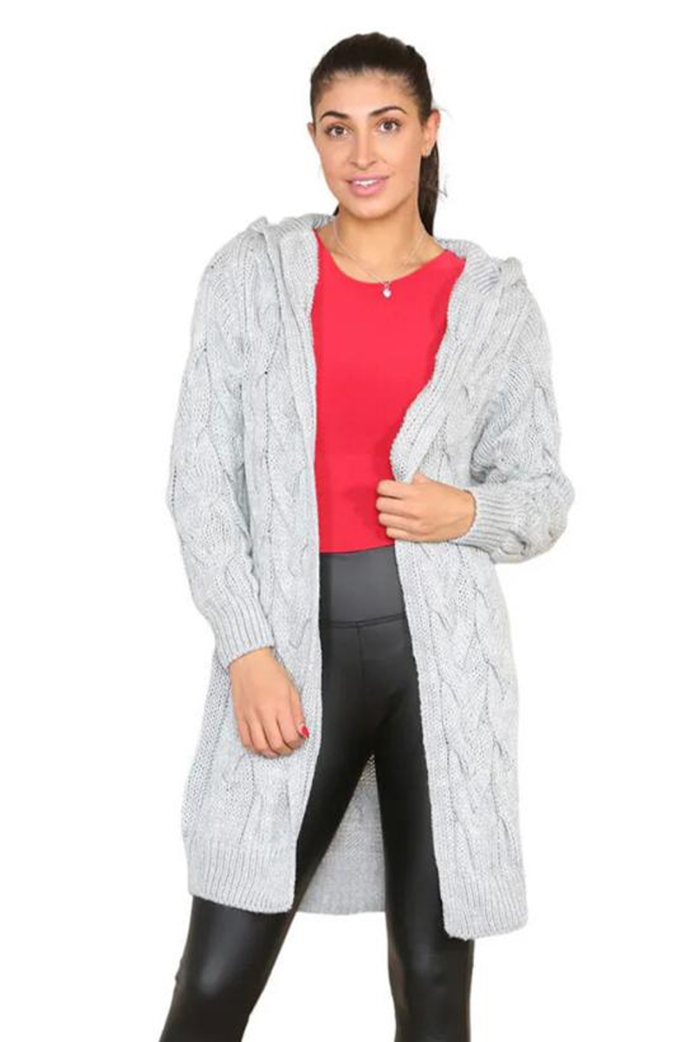 Chunky Knit Comfort Oversized Hooded Cable Cardigan Grey